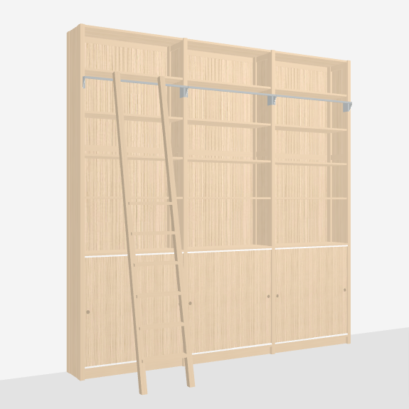 houten boekenkast met schuifdeuren en trap