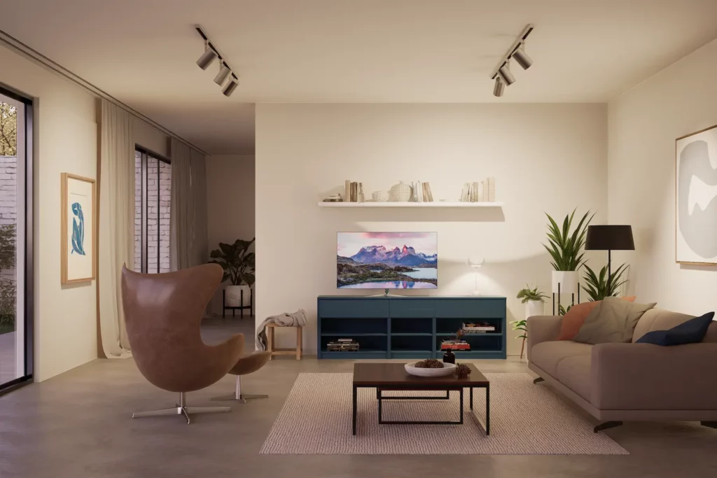 Blauwe tv kast van lundia in woonkamer