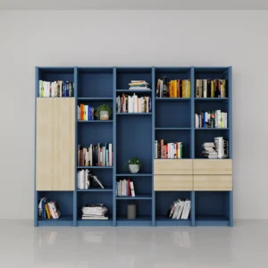 Blauwe boekenkast van lundia met houten deuren en laden