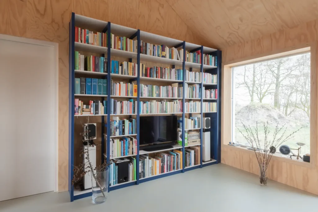 Blauwe lundia kast in de woonkamer met TV vak