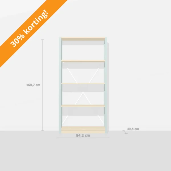Compacte boekenkast in blank gelakt & nevelgrijs. Nu 30% korting!